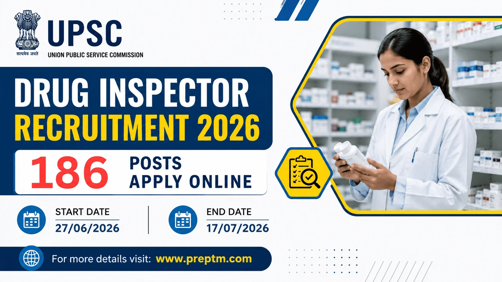UPSC Drug Inspector Recruitment 2026 - 186 Posts Apply Online